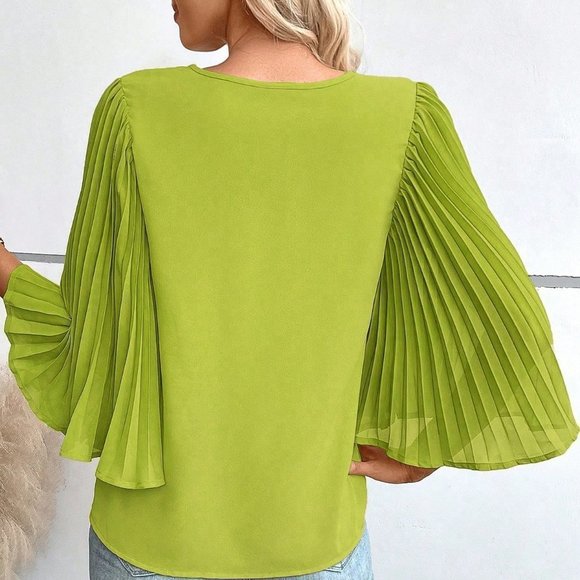 Pleated Sleeve V Neck Blouse Green - Picture 3 of 5